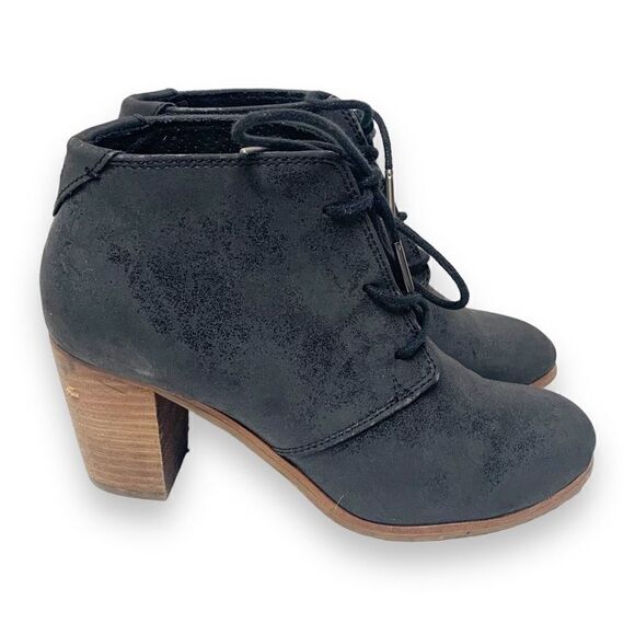 Toms Women’s Lunata Leather Lace Up Ankle Booties Black Stacked Block Heel Sz 7 - Picture 1 of 11